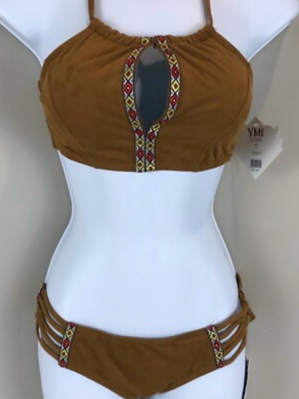 YMI Brown Suede-Look Bikini with Turquoise Lining